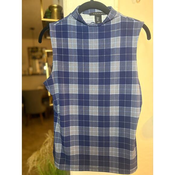 Tahari High Neck Sleveless Blue Plaid Patterned Blouse Size Small 2-8 - Picture 1 of 4